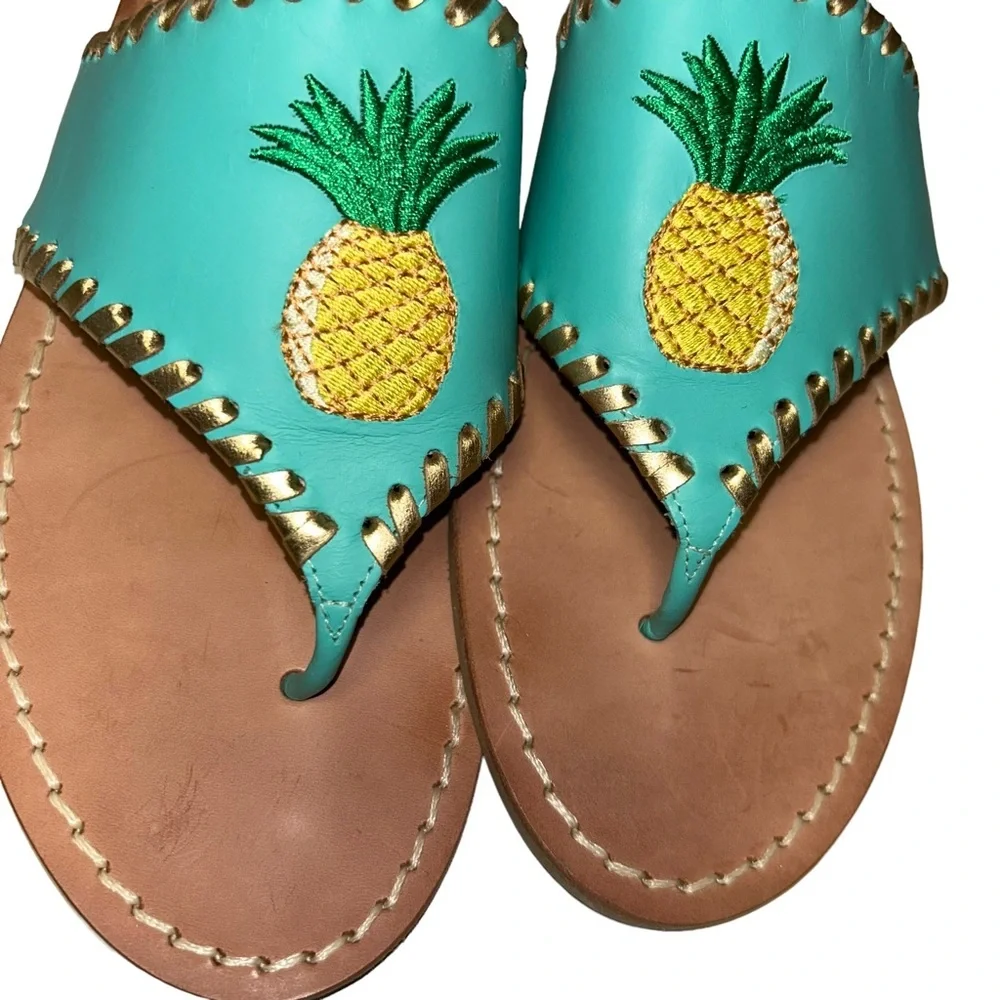 Jack Rogers turquoise /Gold Stitching thong sandals Embroidered pineapple 10 - Picture 3 of 6